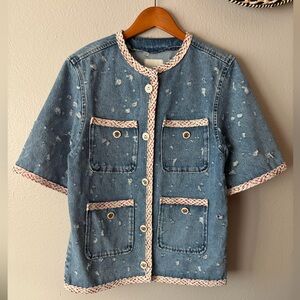 Sandro Lorette Short Sleeve Denim Jacket Women’s Small Distressed Oversized